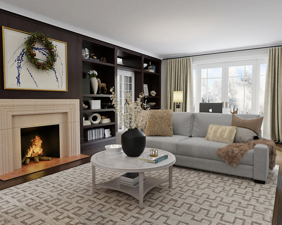 Traditional living room staged with a fireplace, dark built-ins and soft gray sofa
